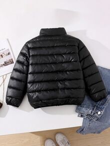 Elladie kids 1件少女色立領白色抓絨內裡拉鍊長袖外套，真實口袋，秋冬素色外套 - 黑色 - 查看 3