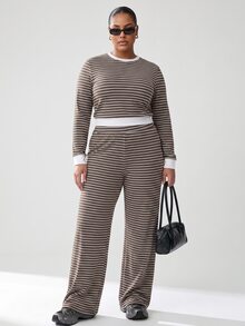 Solavibe Striped Two Piece Set, Plus Size Brown Crop Top & Flare Pants For Travel Hangout,Campus,Urban Stroll,Two Piece Set,Casual Sets,Back To School - Brown - View 6