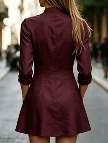 Trelyra Women's Solid Color Notch V-Neck Pocket Casual Mini Dress - Burgundy - View 2