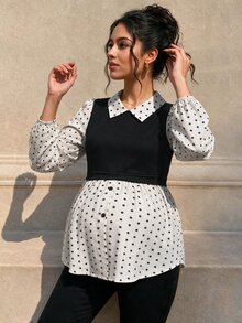 Momance Maternity Polka Dot Patchwork Top, Comfortable Loose Fit - Apricot - View 1