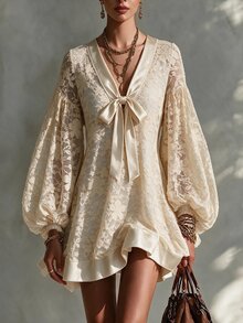Omancia Women's V-Neck Bow Lace Dress, Lantern Sleeve Satin Patchwork Hollow Out Dress Wedding Date High Tea Autumn Romantic Elegant - Beige - View 1