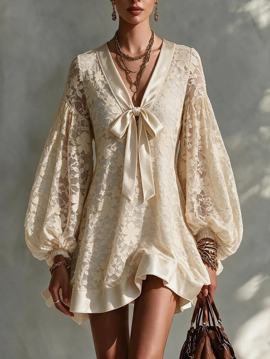 Omancia Women's V-Neck Bow Lace Dress, Lantern Sleeve Satin Patchwork Hollow Out Dress Wedding Date High Tea Autumn Romantic Elegant - Beige - View 1