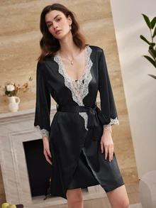 Moireta Women's Glossy Satin Lace Cami Mini Nightgown, Lace Satin Robe Pajama Set - Black - View 6