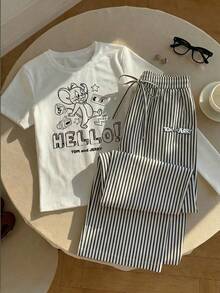 TOM & JERRY X SHEIN SHEIN EZwear 大尺碼女款卡通印花短袖T恤與條紋長褲套裝，適合外出、街頭穿搭、機場造型 - 彩色 - 查看 4