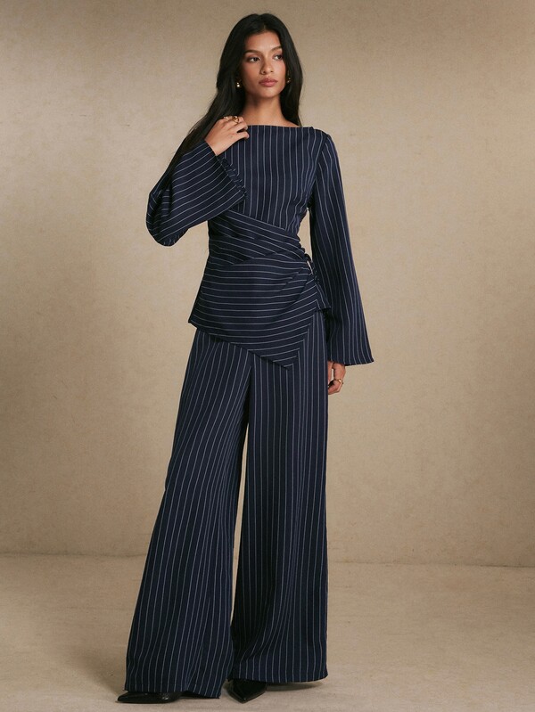 Poéselle Women's Elegant Commute Striped Tie-Front Wrap Top & Pants Suit Set