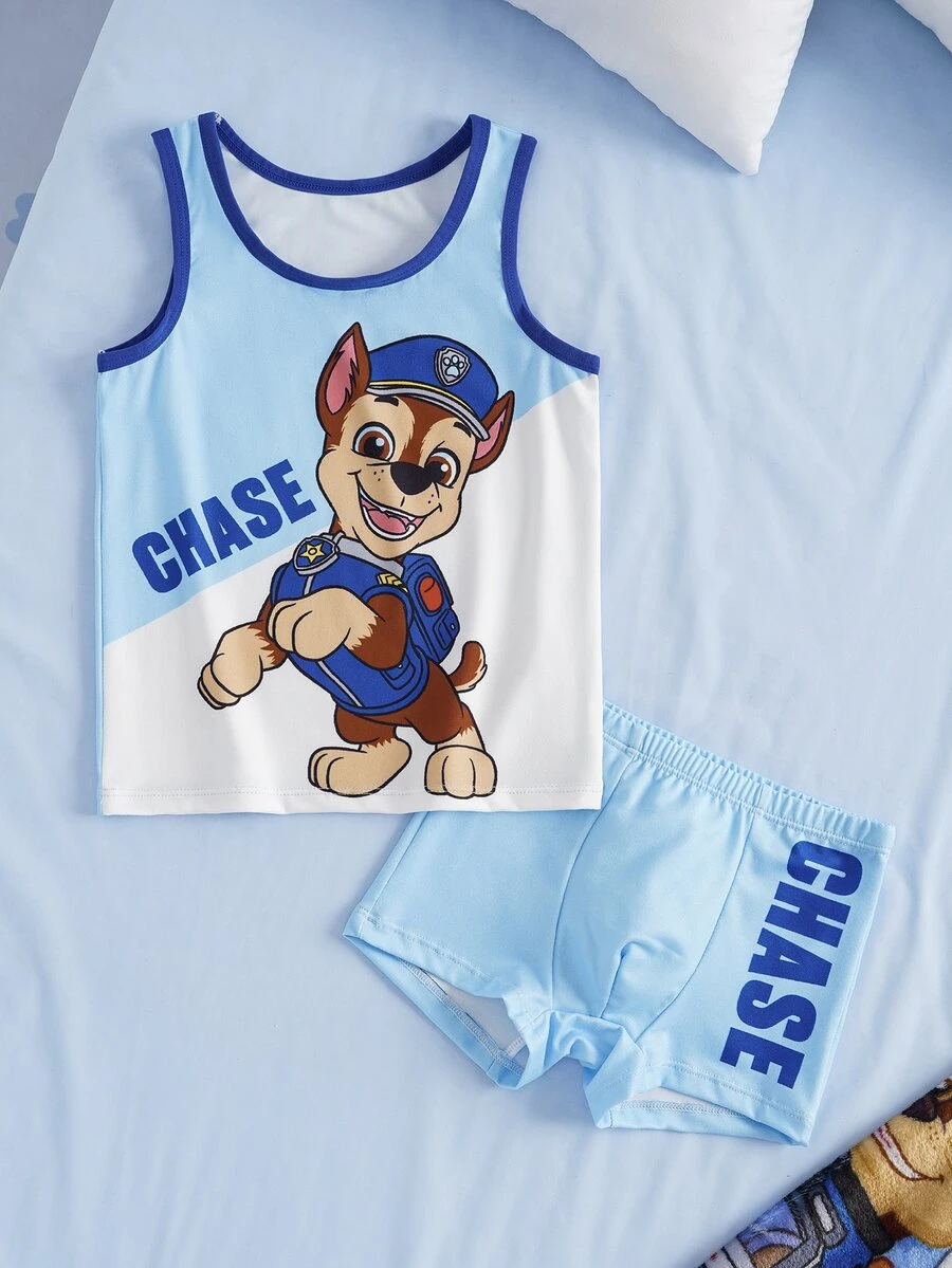 SHEIN | PAW Patrol Young Boy Cartoon Print Top And Boxer Briefs Underwear Set - Blue and White - View 1