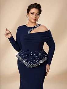 Serin Plus Size Elegant Minimalist Navy Blue Asymmetric Shoulder Design Handmade Rhinestone Decor 2 In 1 Mermaid Long Dress Suitable For Ball, Holiday Party, Formal Evening Event, Wedding, Mother Of The Bride Dress - Navy Blue - View 4