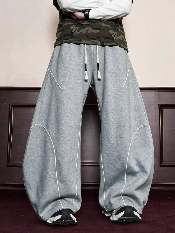 STEELVANCE Men's Baggy Curved Barrel Sweatpants, Wide Leg Drawstring , Y2K Streetwear Contrast Piping Trousers