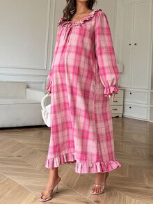 DAZY Plaid Loose Long Dress With Ruffle Hem, Casual Everyday Korean Style For Young Women, Spring/Autumn Maternity Dress - Pink - View 4
