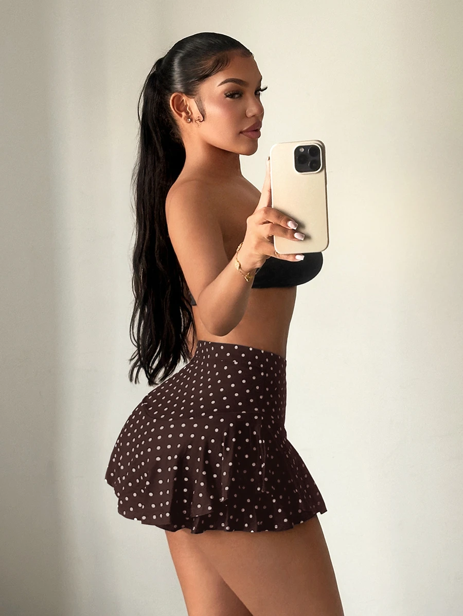 SHEIN SXY 夏季性感高腰荷葉邊裙褲 - 棕色 - 查看 1