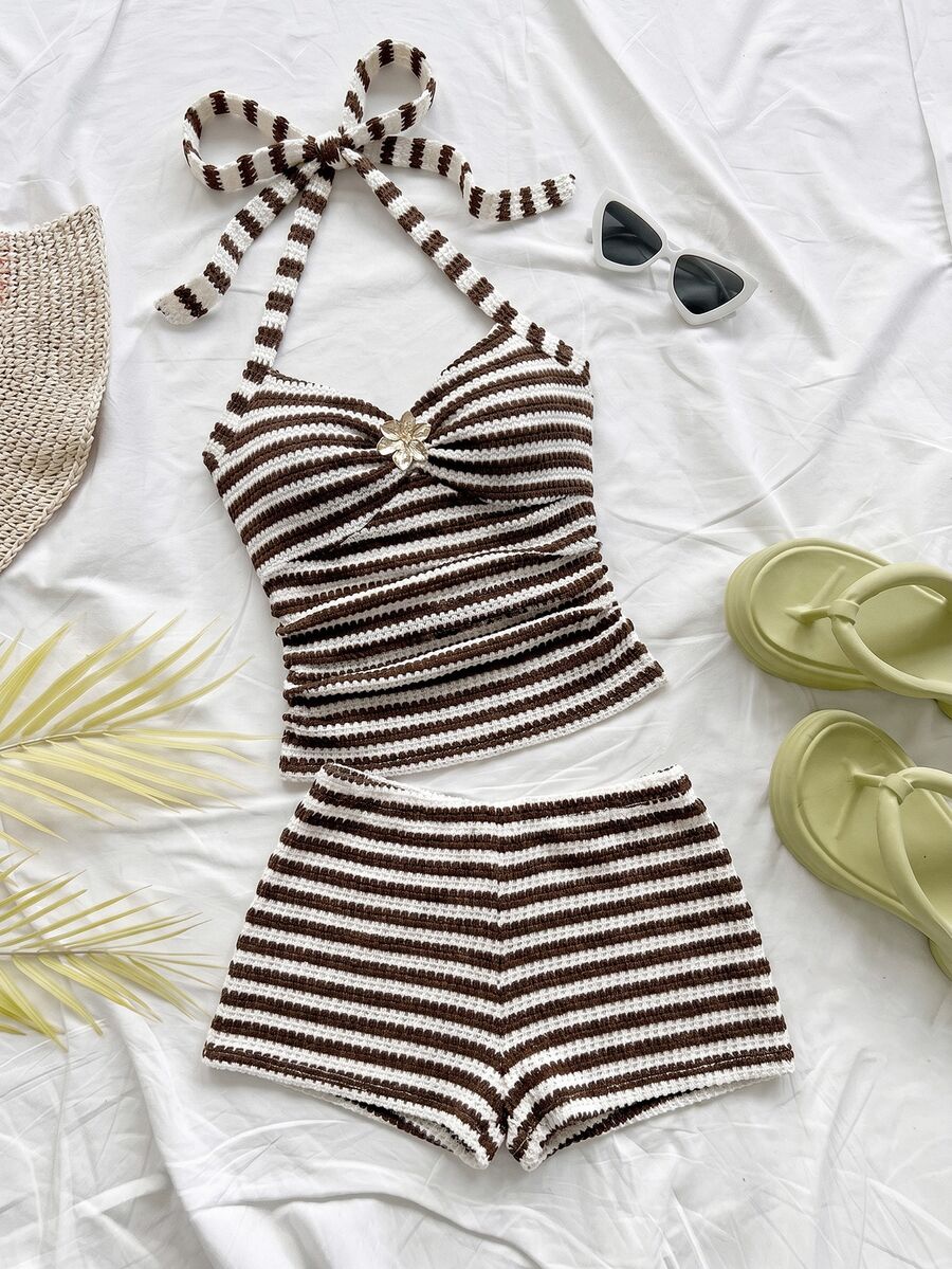 Soleia Women's Plus Size Brown Striped Halter Tank Top And Shorts Vacation 2 Pieces Set - Multicolor - View 1