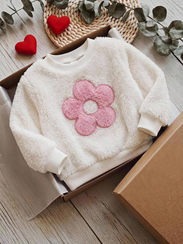Cozy Pixies Baby Girl Pink Flower Pattern Fleece Lined Thick Crew Neck Long Sleeve Pullover Sweatshirt, Fluffy Long Sleeves Cute White Versatile Top Warm Winter