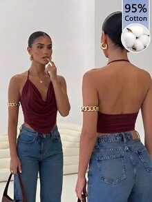 Firerie Solid Concert Draped Front Backless Party Halter Top - Burgundy - View 1