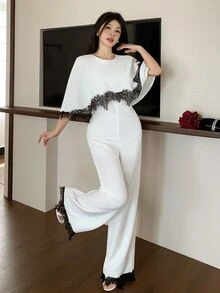 Modelyn Elegant Lace Patchwork Cape Jumpsuit For Women, Sophisticated And Fashionable - Black and White - View 8