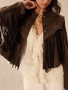 Easelle Chaqueta estructurada holgada para mujer con remaches y flecos, estilo bohemio nómada vintage - Marrón - Ver 7