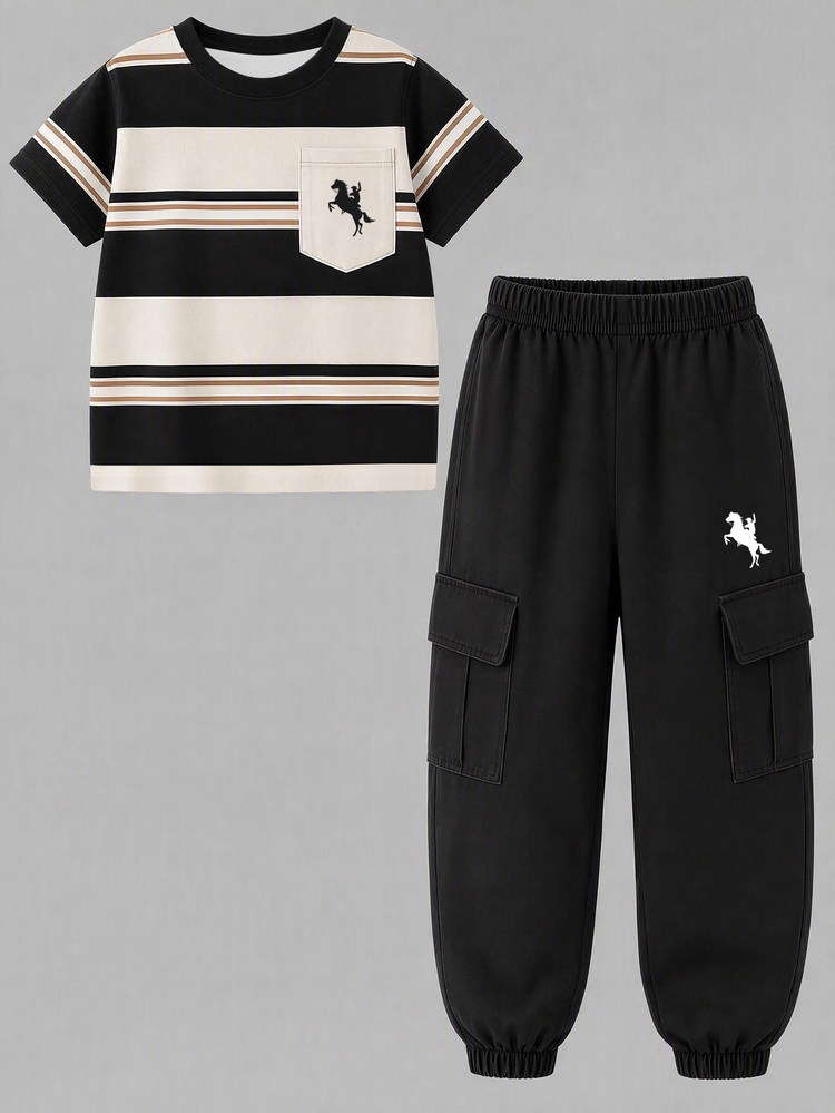 2pcs/Set Striped Horse Logo Print Black & White Striped Versatile Fashionable Comfortable Men's/Tween Boy Round Neck T-Shirt & Black Jogger Cargo Pants Short Sleeve Outfit Suitable For All Seasons - Multicolor - View 2