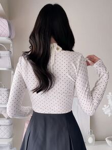 FRIFUL Women's Polka Dot Print Frill Trim Single-Breasted Halter Neck T-Shirt Fall - White - View 3