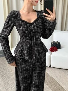 DAZY Women's Lace Patchwork Button Top And Loose Pants Elegant Two Pieces Set Fall - Black and White - View 2
