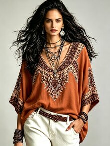 Trelyra 女款波希米亞風V領蝙蝠袖上衣，復古印花寬鬆度假襯衫 - 橘色 - 查看 3