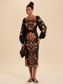 Travachic Women's Floral Print Square Neck Lantern Sleeve Elegant Midi Dress - Black and Yellow - View 3