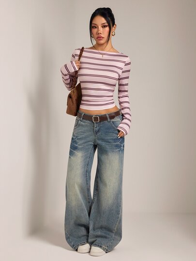 SHEIN PETITE Women's Petite Casual Pink Striped Slim-Fit Long-Sleeve T-Shirt