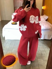 DAZY Autumn/Winter Soft & Cozy Floral Bow Half-Fleece 2 Pieces Pajama Set Loungewear For Women - Red - View 5