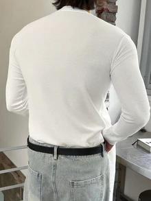 DAZY 春秋款純白色修身彈性羅紋針織長袖微鬆韓版男士T恤 - 白色 - 查看 2
