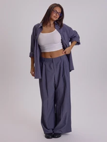 MUSERA Plus Size Blue Stripe Button Down Shirt Top Winter Fall Womens Outfit Casual - Grey - View 2