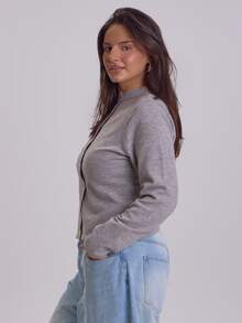 MUSERA Plus Size Grey Button Detail Long Sleeve Top Winter Fall Womens Outfit Casual - Khaki - View 3