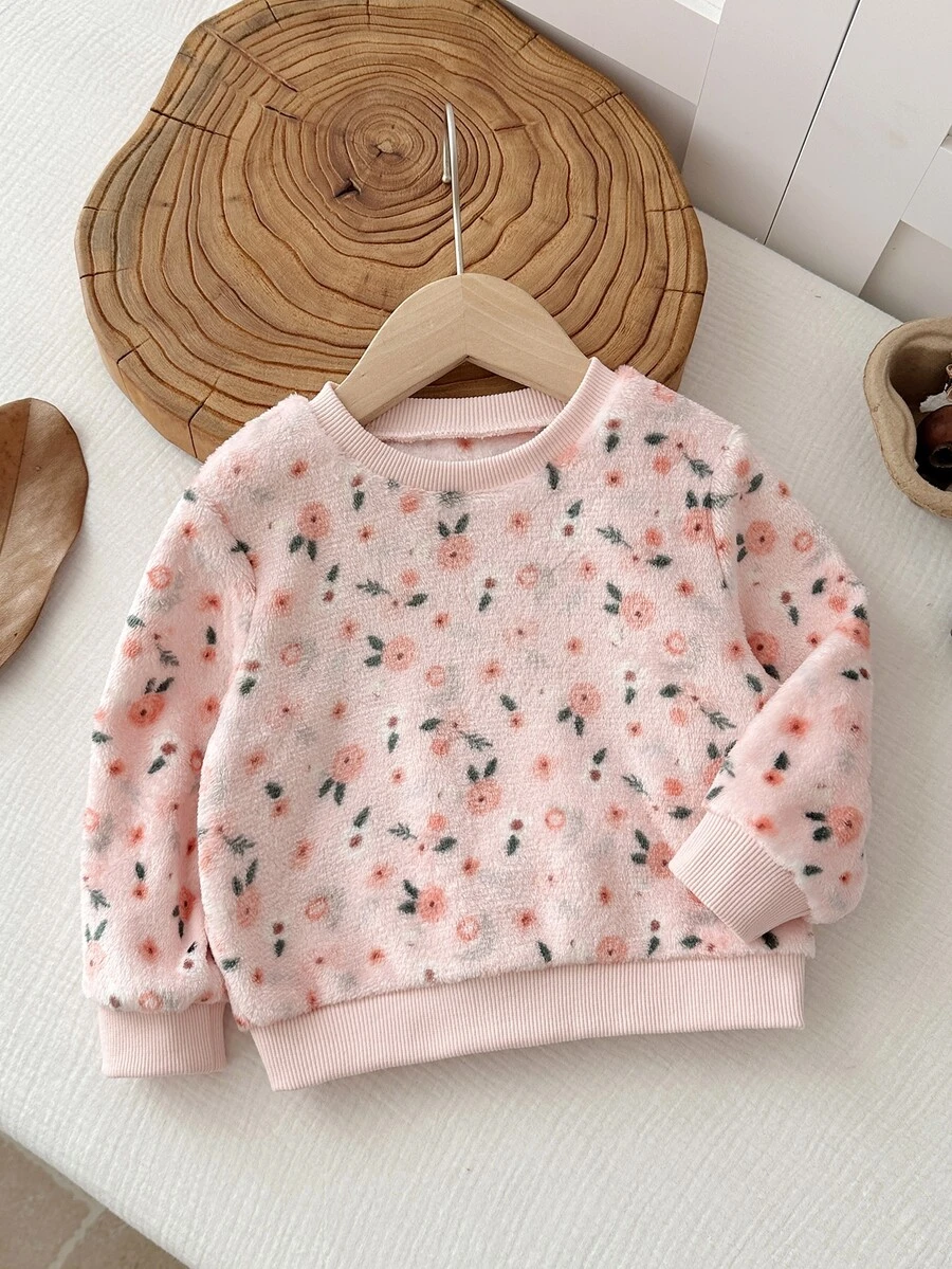 SHEIN 女嬰針織仿皮草碎花圓領休閒衛衣 - 彩色 - 查看 1