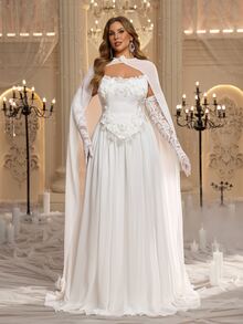 Elitara Plus Size Elegant Romantic Glamorous Sequin 3D Floral Applique Strapless Corset Cape Lace Long Sleeve 2 In 1 Ruched A-Line Wedding Gown For Events - White - View 1