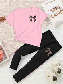 Elladie kids 女童時尚創意清新極簡豹紋蝴蝶結設計圖案基礎短版T恤與內搭褲套裝，舒適日常穿著 - 彩色 - 查看 4