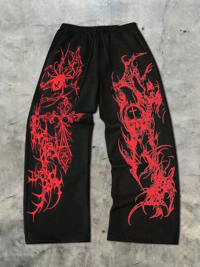 Street Life Pantalones de chándal con cordón en la cintura y estampado gótico para hombre