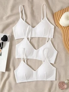 SHEIN 兒童青少年女孩白色5件式多件套裝，簡約V領細肩帶背心、墊肩內衣與賽車背心內褲套組，舒適素色，春夏居家，Clean Girl/美式風格，適合年輕女孩 - 彩色 - 查看 8