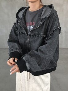 FRIFUL Women's Zipper Long Sleeve Denim Hooded Jacket - Black - View 6