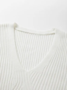 SHEIN Fall Winter V‑Neck Long Sleeve Ribbed Knit Midi Bodycon Dress, Elegant Fitted Party Dress - White - View 5
