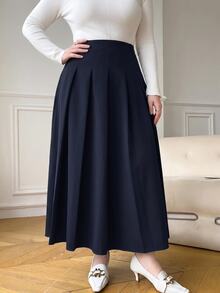 SHEIN PETITE CURVE Plus Size Women's Solid Color Preppy Pleated Casual Skirt - Navy Blue - View 3