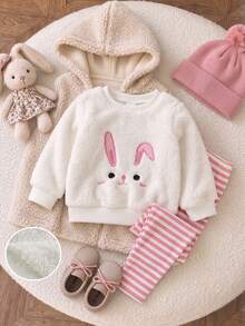 SHEIN Vintaside Kids 2pcs Baju Legging Pullover Bayi Perempuan Lucu Manis Putih Pink Bordir Kelinci Bergaris Lengan Panjang Leher Bulat Mewah Pesta Musim Dingin Natal Putri Bergaris - Berwarna merah muda - View 2