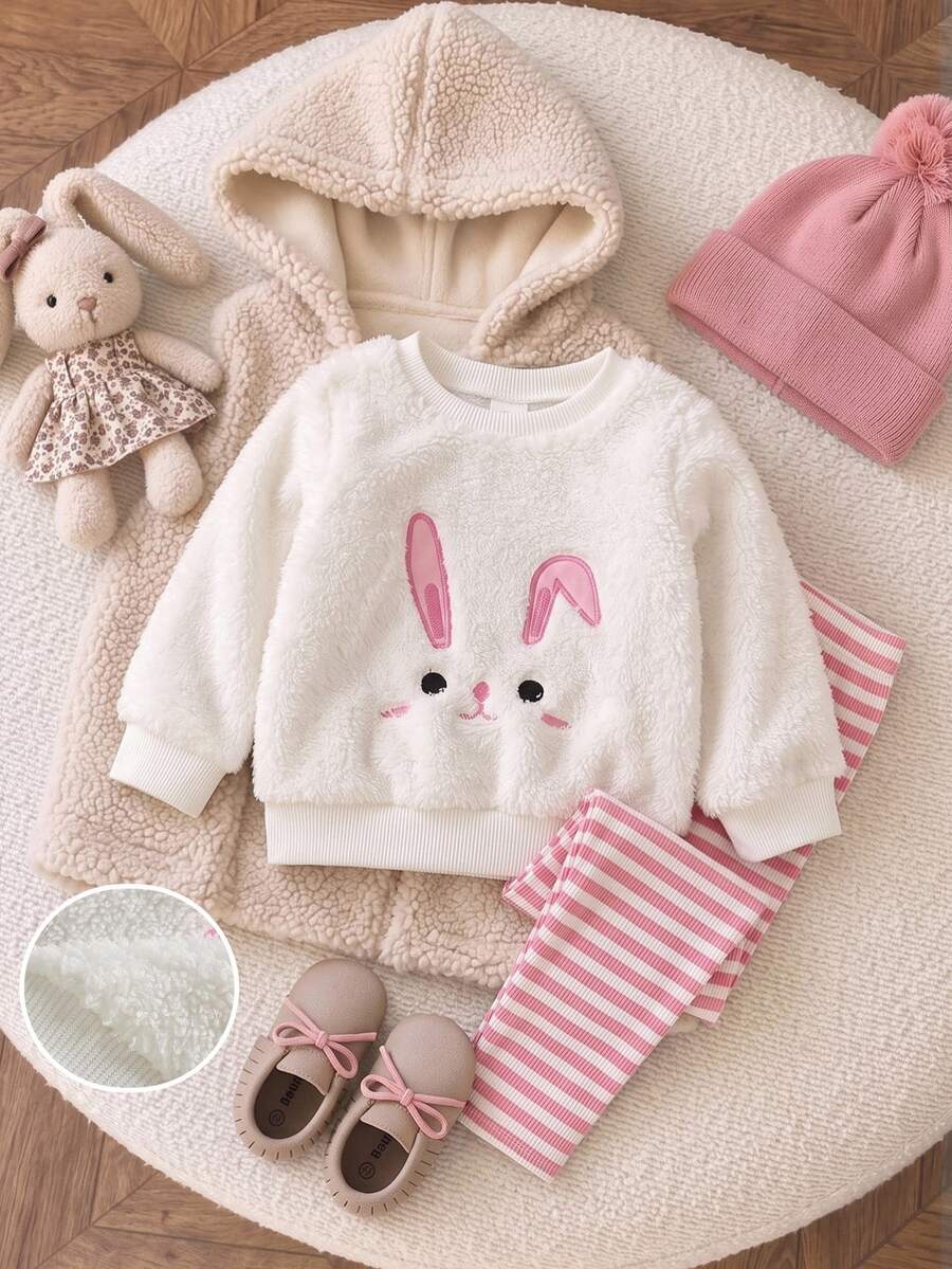 SHEIN Vintaside Kids 2pcs Baju Legging Pullover Bayi Perempuan Lucu Manis Putih Pink Bordir Kelinci Bergaris Lengan Panjang Leher Bulat Mewah Pesta Musim Dingin Natal Putri Bergaris