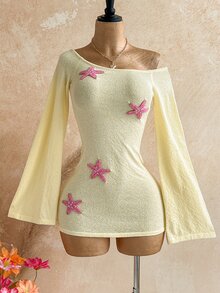 Soleia Women's Yellow Off-Shoulder Long Sleeve Knit Dress For Autumn/Winter Vacation - Yellow - View 7