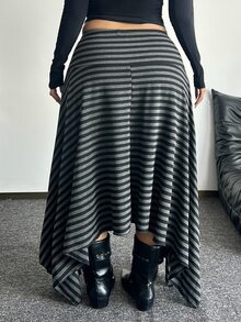 POPSWAY Plus Size Punk Asymmetrical Vertical & Horizontal Striped Vintage Midi Skirt - Black - View 2