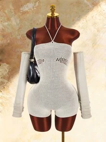 Amplova Women's Detachable Sleeve Fitted Jumpsuit With Open Back And Lace-Up Detail, Edgy Sexy Style, Suitable For Autumn/Winter Wear, Distressed - Grey - View 1