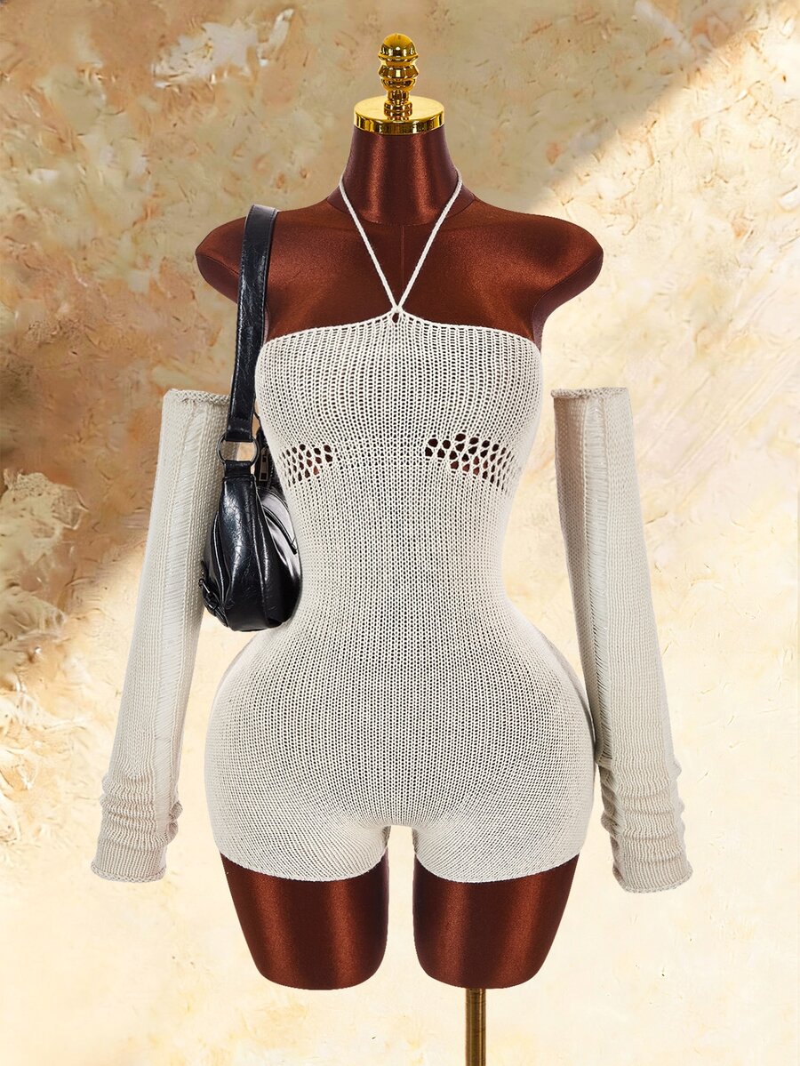 Amplova Women's Detachable Sleeve Fitted Jumpsuit With Open Back And Lace-Up Detail, Edgy Sexy Style, Suitable For Autumn/Winter Wear, Distressed - Grey - View 1