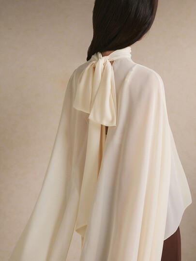 Poéselle Women's Ivory Sheer Cape Sleeve Blouse – High Neck Tie-Back Draped Chiffon Crop Top Butter Yellow Tops Chic Fairy Costume Women Wedding Summer Top