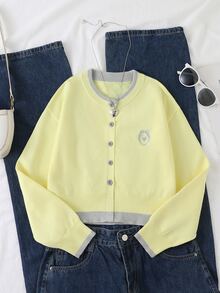 青少年女孩黃灰色對比色秋冬款開襟刺繡愛心前開衩圓領長袖針織毛衣 - 黃色 - 查看 1