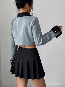Elenzga Jaket Pendek Berkerah Abu-abu Gaya Hot Girl, Jaket Pendek Berkerah Warna Hitam & Abu-abu Vintage - Grey - View 2