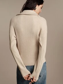 Anewsta Essential Cardigan de Tricô de Gola Alta Estilo Francês de Alta Qualidade para Mulheres - Caqui - Visão 7