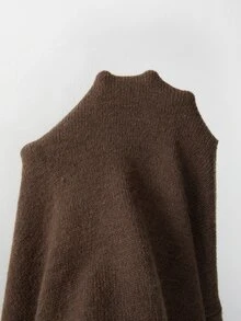 SHEIN Fall Casual Half Turtleneck Wrap Seam Oversized Bishop Sleeve Knit Sweater - Brown - View 5