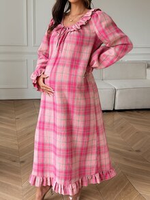 DAZY Plaid Loose Long Dress With Ruffle Hem, Casual Everyday Korean Style For Young Women, Spring/Autumn Maternity Dress - Pink - View 1