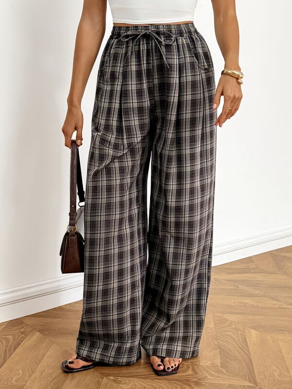 SHEIN Tall Pantalones anchos sueltos de cuadros bohemios para mujer alta